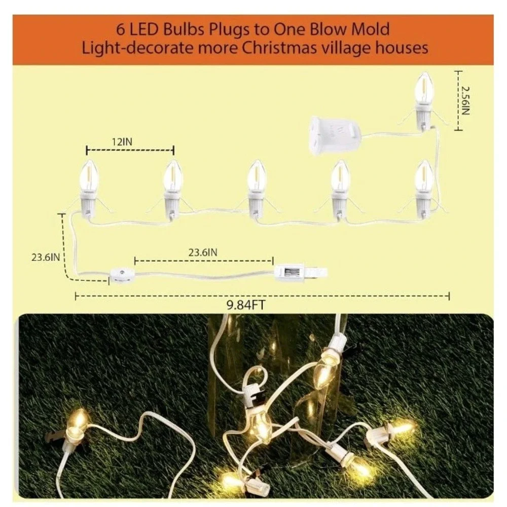 (3 Pack) 6 LED Blow Mold Christmas Village Lights C7 String Cord W On/Off Switch